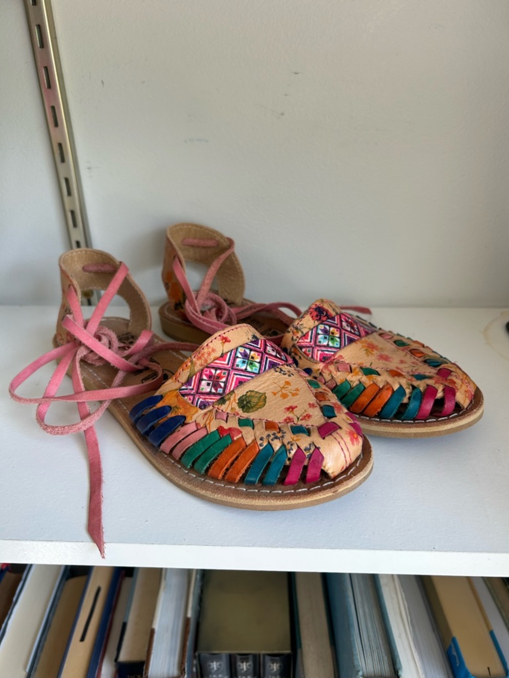 Multicolor Leather Woven Women’s Sandals with Pink Ankle Ties